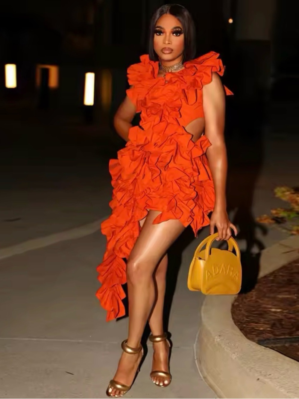 Dark orange Ruffled V-Neck Women’s Dress